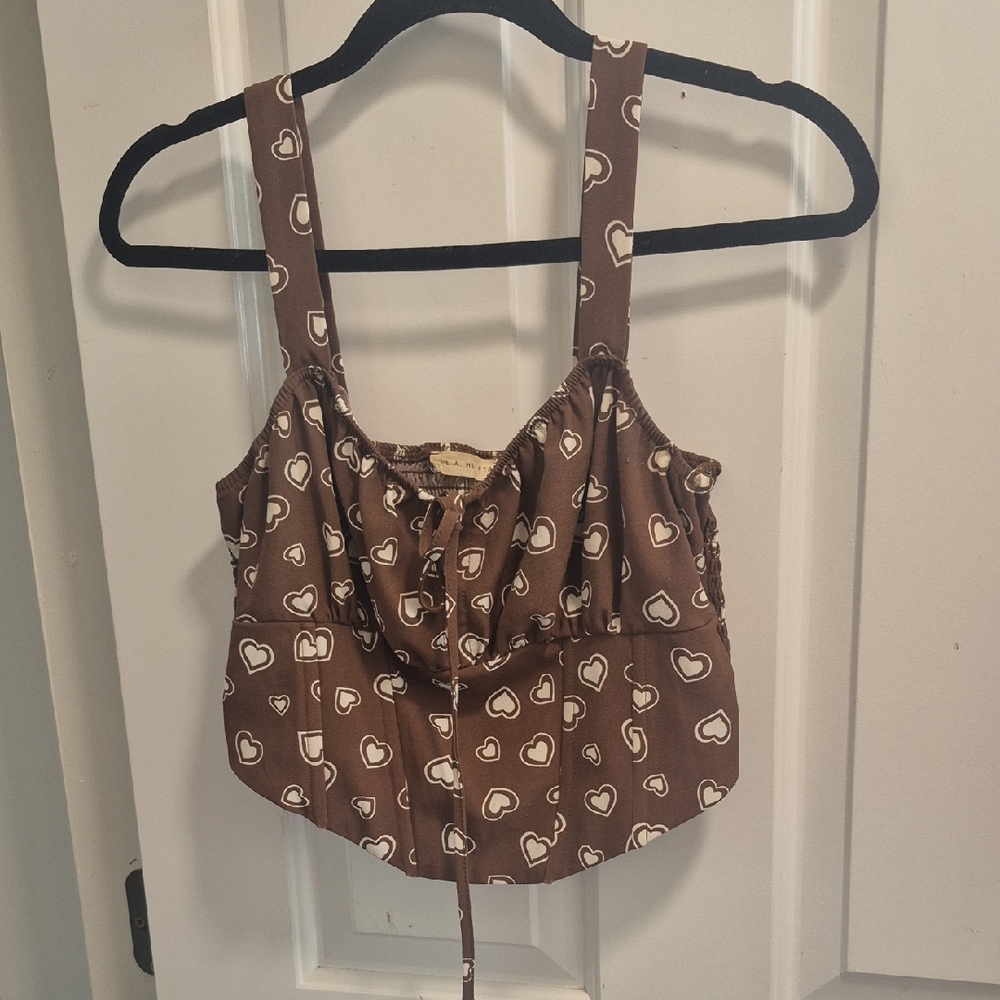 La Hearts Brown Heart Pattern Crop Top Size M